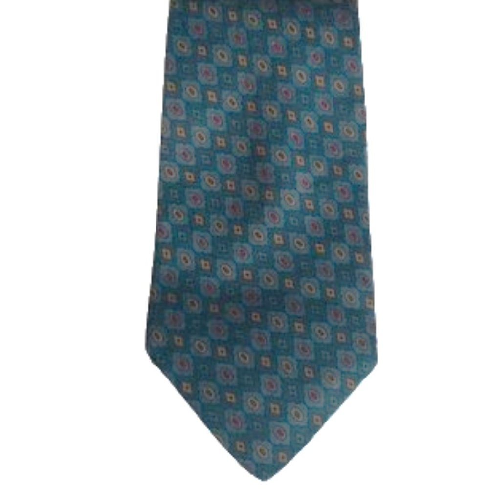 Oleg Cassini 100% Silk Tie Made in USA Teal/Blues Circle/Diamond Shapes EUC